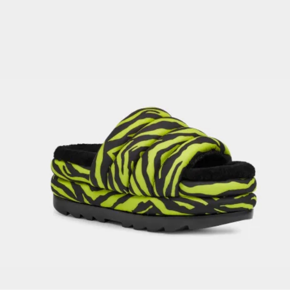 Ugg Maxi Slide Tiger Print Neon Green and Black Platform Slipper Sandals